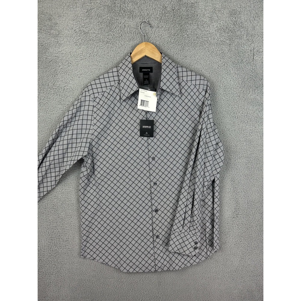 Claiborne Shirt Mens Medium Gray Black Modern Fit Long Sleeve Checkered Dress